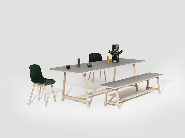 Frame Table Bench beech matt lacquer lino grey catalogue